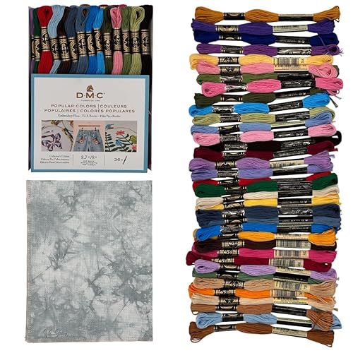 Popular Colors Collection Embroidery Thread Bundle - DMC Embroidery Floss Pack 8.7yd Popular Colors 36Pkg with Aida 18 Count Pearl Gray Hand-Dyed Cross Stitch Fabric by VolcanoStitching
