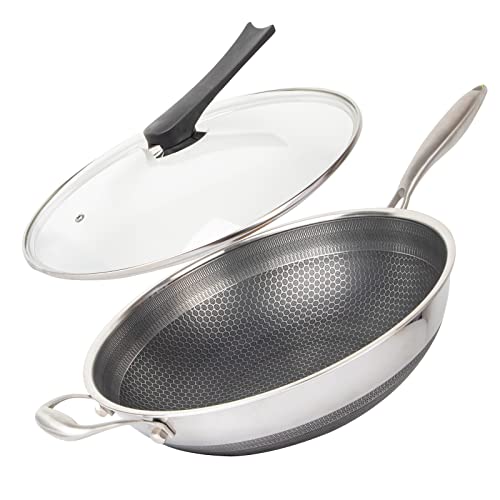 CATHYLIN 14" Honeycomb Non Stick Wok Pan Stainless Steel Stir-fry Wok with Lid,Skillet with Stay-cool Handle PFOA Free Suitable for Induction, Ceramic, Electric, and Gas Cooktops (Sliver, 14 Inches) - 14 Inches - Sliver