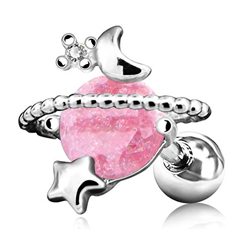 OUFER 16G 316L Surgical Steel Cartilage Earring Studs Star Moon Pink Stone Saturn Planet Tragus Earrings Helix Ear Piercing - White Gold