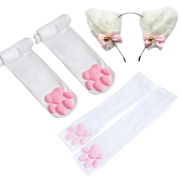 Thigh High Socks, Pink 3D Kitten Claw Stockings Cute Cat Paw Pad Socks for Girls Women Cat Cosplay - White-1
