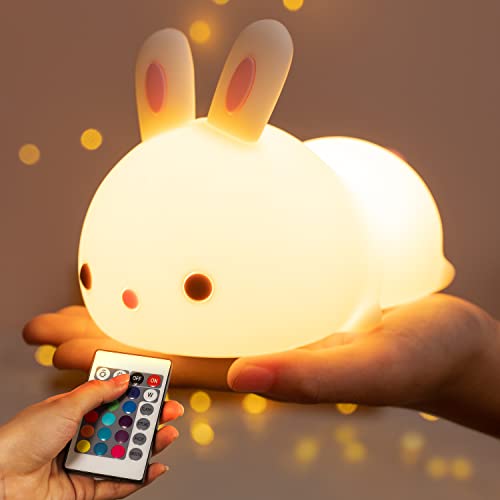One Fire Cute Bunny Night Lights for Kids Room, Kawaii Remote 16 Colors Cool Lamps Cool Lights, Dimmable Kids Night Light for Kids, Tap for Fun Cute Stuff for Teen Girls,Led Animal Nursery Cute Gifts - Remote