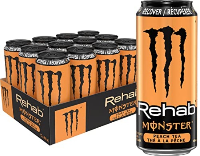Monster Energy Rehab, Peach Tea, 458mL Cans, Pack of 12