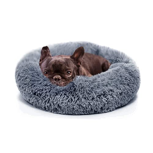 Small Calming Dogs Bed for Small Dogs Anti-Anxiety Machine Washable Fluffy Luxury Anti-Slip Waterproof Mute Base Warming Cozy Soft Pet Puppy Round Bed - 19.0"L x 19.0"W x 6.0"Th - Dark grey