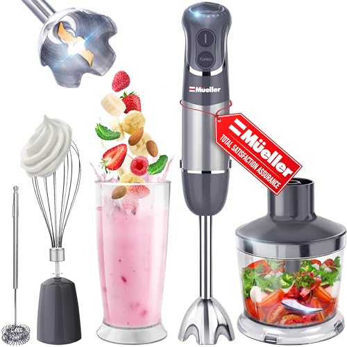 Mueller Multistick 800W 5-in-1 Immersion Blender Handheld, 12 Speed Hand Mixer - Turbo Boost, Heaviest Duty Copper Motor, Titanium Blades Hand Blender, Milk Frother Wand, Whisk, Beaker, Chopper - Gray
