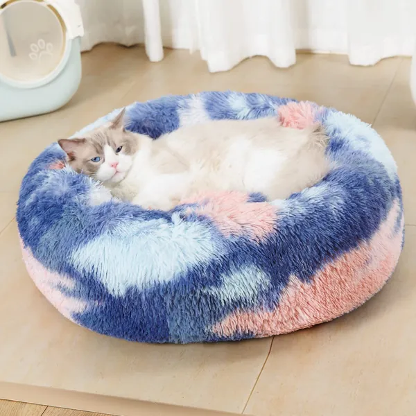 Jillche Bed Anti Anxiety Cat Bed with Stylish Vivid Colors, Super Cozy Cat Beds for Indoor Cats, Warming Fluffy Donut Dog Beds for Small Dogs, Anti-Slip & Portable Outdoor Dog Bed, Washable Pet Bed - 20 Inches Blush Blue