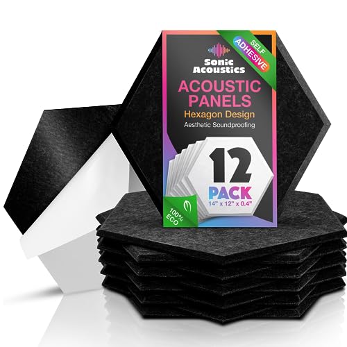 Sonic Acoustics Self-adhesive 12 Pack Hexagon Acoustic Panels, 14" X 12" X 0.4" High Density Sound Absorbing Panels Sound proof Insulation Beveled Edge Studio Treatment Tiles (Black) - Self-adhesive - Black