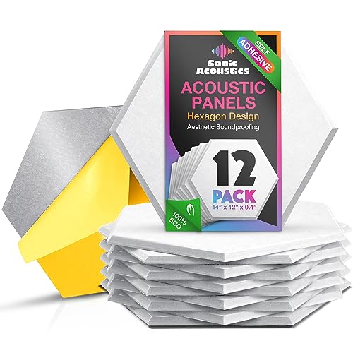 Sonic Acoustics Self-adhesive 12 Pack Hexagon Acoustic Panels, 14" X 12" X 0.4" High Density Sound Absorbing Panels Sound proof Insulation Beveled Edge Studio Treatment Tiles (White) - Self-adhesive - White