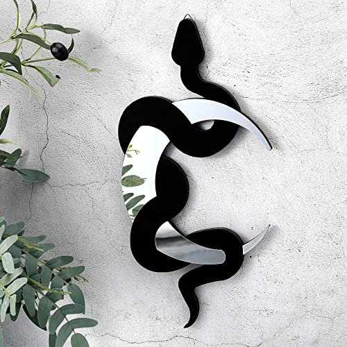 Weysat Black Snake and Crescent Moon Mirror Wall Decor Boho Hanging Mirrors Snake Decorative Wall Art for Living Room Home Bathroom Bedroom Hallway (Silver)