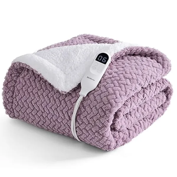 Bedsure Electric Heated Blanket Throw Chevron Shaggy Sherpa, Fast Heating Electric Blanket with 6 Heating Levels & 3H Auto Shut Off, ETL, Machine Washable (50x60 inches, Purple) - 10 - Purple - Throw