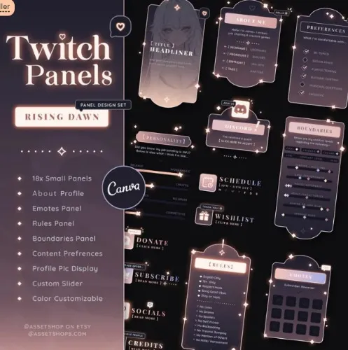 Rising Dawn Twitch Panels - Customizable Canva | Pink / Purple/ Golden | Sunset | Flower | Aesthetic Stream Graphics | Glow | Accessory Set