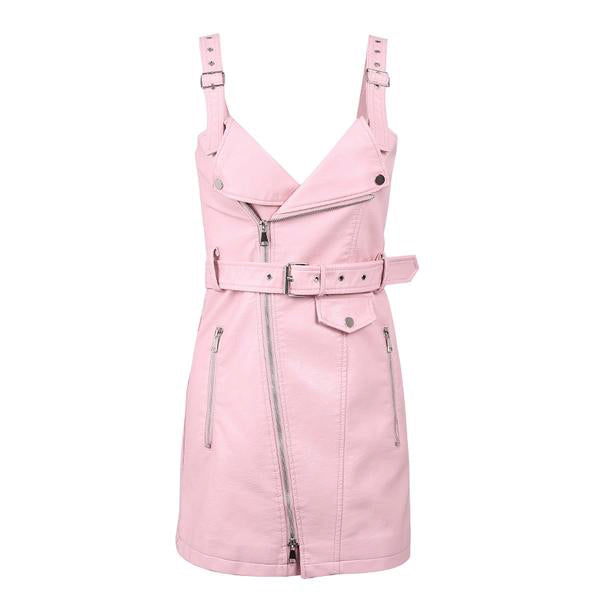 Buckled Leather Zipper Dress - Pink / L