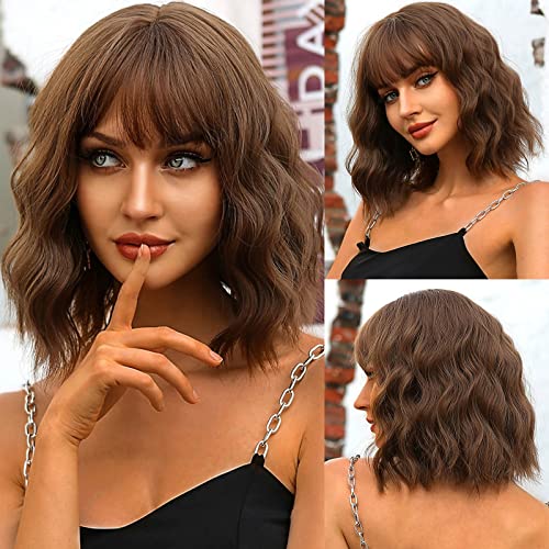 OUFEI Brown Wig with Bangs Curly wigs for Women Short Wavy Wigs Synthetic Hair Heat Resistant Wigs for Daily Party Cosplay Wear - Brown