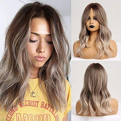 OUFEI 16 Inches Ombre Brown Light Ash Blonde Wigs Natural Synthetic Heat Resistant Fiber Long Wavy Hair Wigs for Women Daily Party Wear Wear