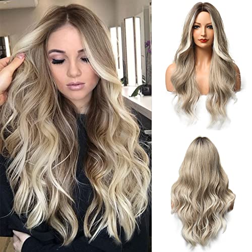 Esmee 24"Long Wavy Wigs for Women Brown Ombre Ash Blonde Hair Heat Resistant Synthetic Wigs for Daily Parties and Role Playing - Brown Ombre Ash Blonde