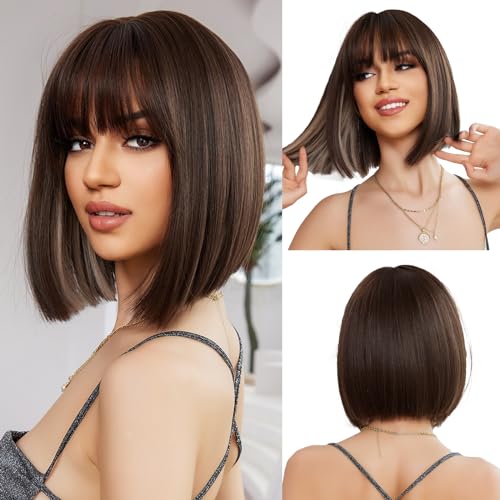 OUFEI Short Wave Auburn Bob Wigs With Bangs Shoulder Length Wig Curly Wavy Synthetic Cosplay Wigs for Women-14 Inches - Brown Bob with Highlight Inside