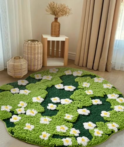 Ouyattle Cute Green Floral Large Bathroom Rugs Bath Mat 3ft Non Slip Washable, Modern Chic Boho Aesthetic Trendy Funky Microfiber Shaggy Tufted Moss Rugs for Bedroom Dorm Nursery Bathroom Kitchen - Irregular-3ft - Green