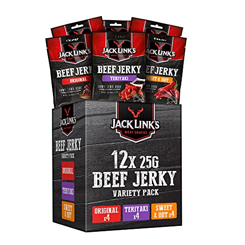 Jack Link's Beef Jerky Mischkarton - 12er Pack (12 x 25g) - Hochwertiger Fleischsnack - Teriyaki, Sweet & Hot - High Protein-Snack - Ideal für Unterwegs, im Büro oder beim Sport - Mischkarton - 12 x 25g