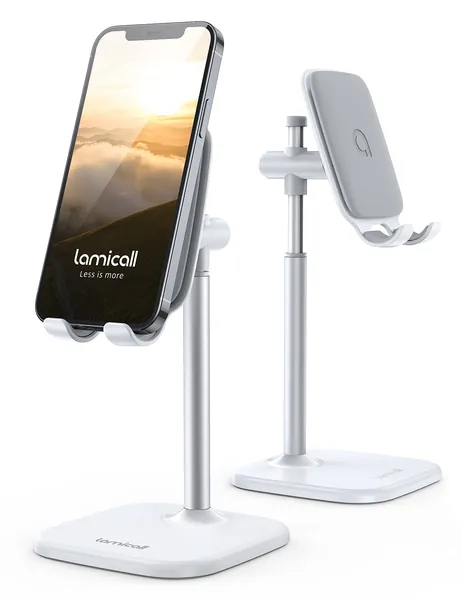 Cell Phone Stand, Desk Phone Holder - Lamicall Height Angle Adjustable Mobile Phone Stand, Cradle, Dock for Desktop, Office, Compatible with All 4-10'' Smartphones, Tablets, iPad Mini 6 5 4 - White - White