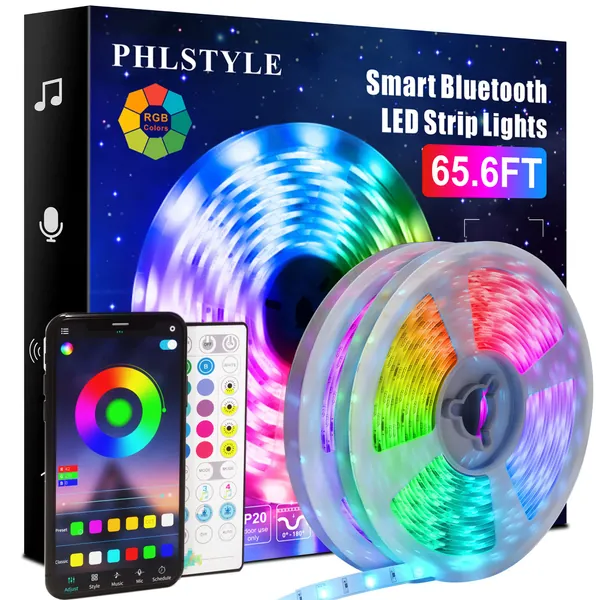 65.6ft/20m LED Lights, PHLSTYLE LED Lights Strip for Bedroom Music Sync, App Controlled Bluetooth RGB LED Light Strips, with Remote 16 Million Color Changing LED Strip Lights, Sensitive Built-in Mic - 65.6FT