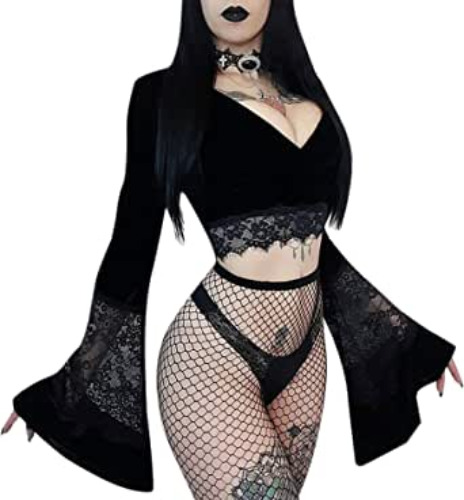 Women's Sexy Vintage Gothic Lace Flare Sleeve T Shirt Tops Hollow Out Retro Crop Tops for Halloween Party Festival - Black a Large