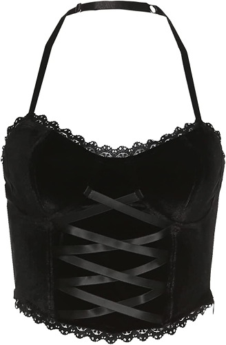 Dark Punk Crop Top with Chains Women Punk Off Shoulder Hollow Out Solid Backless Tops - Large Lace Top