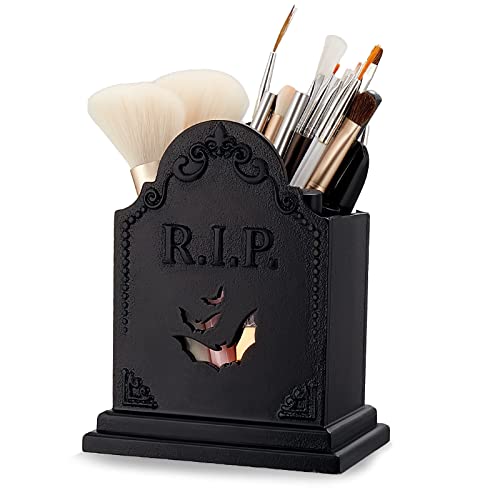 Tombstone Gothic Makeup Brush Holder Black Tombstone Pen Holder Mini Goth Vanity Organizer for Halloween Gothic Gifts Women Spooky Makeup Organizer Decor Christmas Dressing Table Goth Accessories - Tombstone