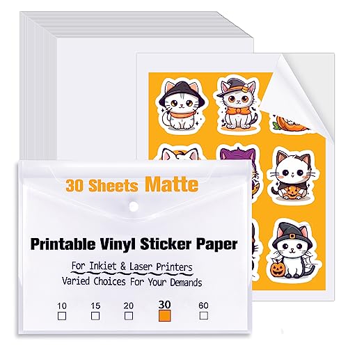 Printable Vinyl Sticker Paper 30 Sheets - Matte White Waterproof Printable Sticker Paper for Inkjet Printer & Laser Printer, Size 8.5"x11" A4 Printer Paper, Quick Dry Vivid Colors Tear Resistant - 30 Sheets - Vinyl Matte White