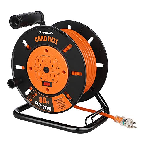 DEWENWILS Retractable Extension Cord Reel, 80FT Heavy Duty Open Cord Reel for Indoor Outdoor, 14/3 AWG SJTW, 4 Grounded Outlets, 13 Amp Circuit Breaker,Handle Rewind, Metal Stand, ETL Listed - 80FT
