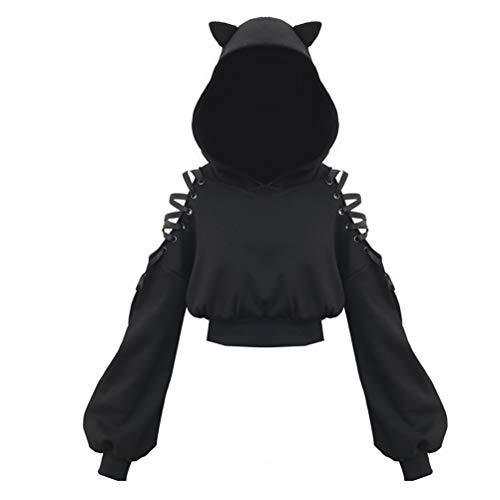 Women Hoodies Long Sleeve Cute Ear Cat Off Shoulder Crop Top Pullover Sweatshirt - Medium - Black