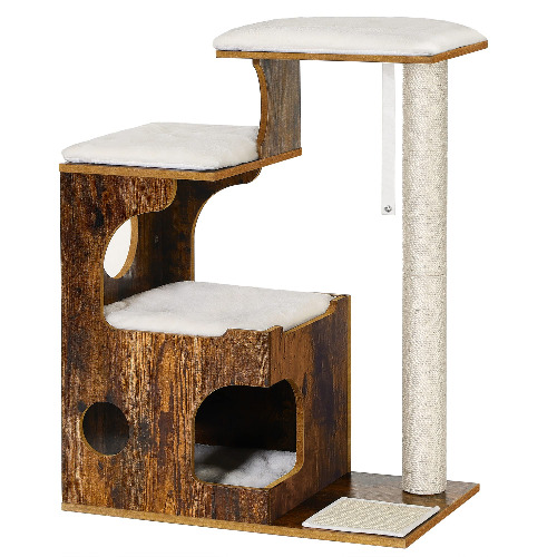 FEANDREA 33.9-Inch Cat Tower, Medium Cat Tree with 3 Beds and Cave, Cat Condo Made of MDF with Wood Veneer, Sisal Post and Washable Faux Fur, Vintage, Rustic Brown and White UPCT70HW - 