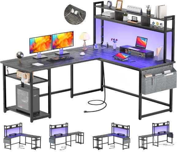 Aheaplus L Shaped Desk with Power Outlet & LED Strip, Reversible L-Shaped Corner Computer Desks Gaming Desk with Storage Shelf & Monitor Stand, Modern 2 Person Home Office Desk Writing Desk, Grey Oak - Black Oak