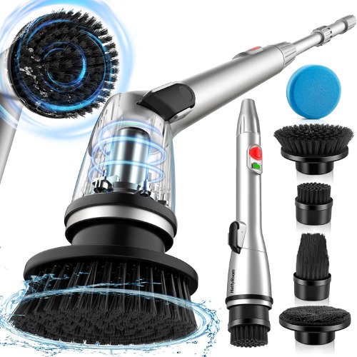 Rechargeable Cordless Electric Spin Scrubber with 5 Cleaning Brush Heads, Adjustable Shower Powerful Scrubber with Long Handle Extension Arm for Bathroom, Tub, Tile, Car, Floor - Silver Spin Scrubber