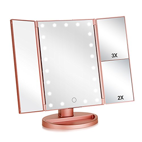 Flymiro Tri-fold Lighted Vanity Makeup Mirror with 3x/2x Magnification,21 LEDs Light and Touch Screen,180 Degree Free Rotation Countertop Cosmetic Mirror,Travel (Rose Gold) - Rose Gold