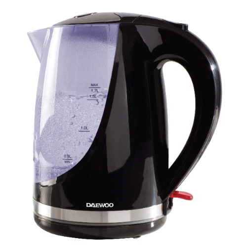 Daewoo 1.7L, 2200W Fast Boil Cordless Jug Kettle, Colour Changing Indicator Lights, Lightweight With Auto Switch Off, External Water Level Indicator and Removable Easy Clean Filter-Black