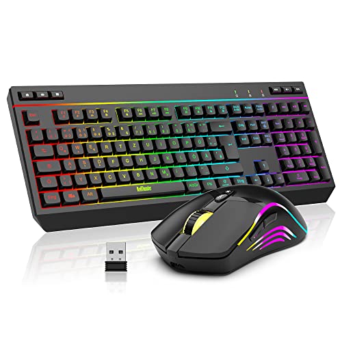 RedThunder K20 Rechargeable Kabelloses Tastatur und Maus Set, QWERTZ DE Layout, RGB Hintergrundbeleuchtung + Multimedia Funktionstasten, 4800DPI Kabelloses Maus für PC Mac Laptop(Schwarz) - Schwarz
