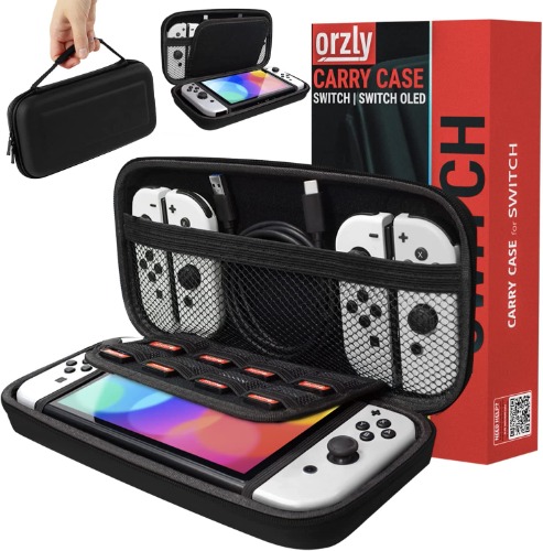 Orzly Carry Case Compatible with Nintendo Switch and New Switch OLED Console - Black Protective Hard Portable Travel Carry Case Shell Pouch with Pockets for Accessories and Games