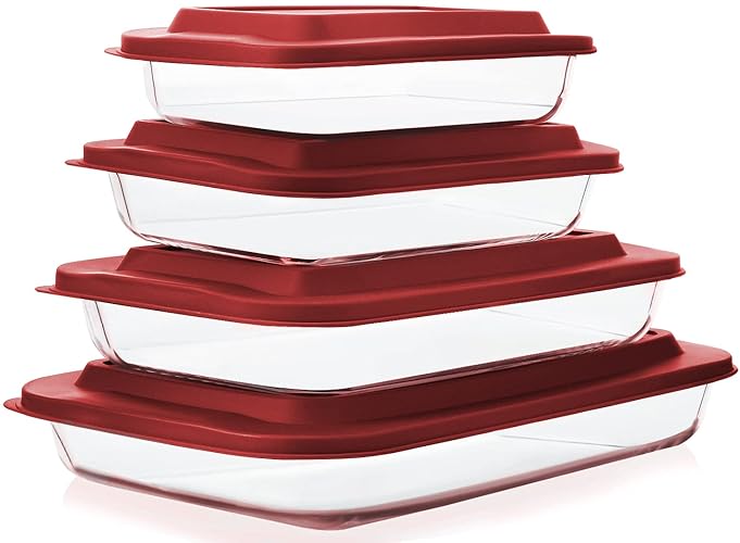 8-Piece Deep Glass Baking Dish Set with Plastic lids,Rectangular Glass Bakeware Set with Lids, Baking Pans for Lasagna, Leftovers, Cooking, Kitchen, Freezer-to-Oven and Dishwasher, Red - Red