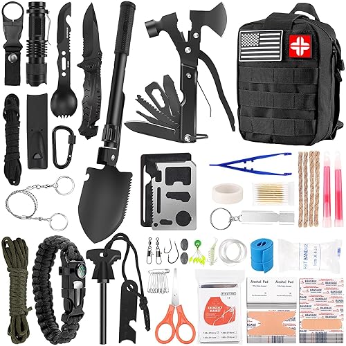 Survival Kit and First Aid Kit, 142Pcs Professional Survival Gear and Equipment with Molle Pouch, for Men Dad Husband Who Likes Camping Outdoor Adventure… - Black