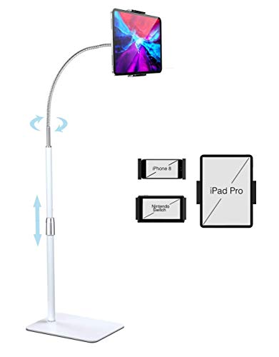 iHOMX Gooseneck Tablet Floor Stand, 360 Degree Rotating Long Arm & Vertical Adjustable Tablet Stand Holder for 4"-12.9" Device, Cell Phone,iPad,Nintendo Switch, Samsung,eBook Reader (Vertical-White) - Vertical-White