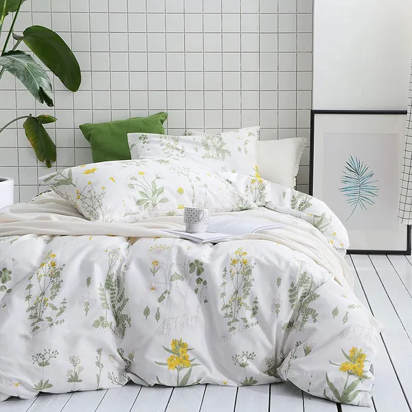 Lanqinglv Botanical Duvet Cover Set Double Bed Green White Leaves Floral Tropical Girls Bedding Set Elegant Microfiber Quilt Cover 200x200cm Zipper Closure and 2 Pillowcases 50x75cm,Easy to Clean