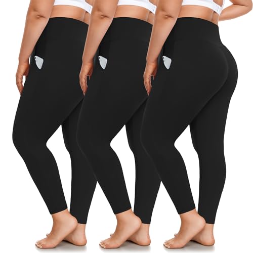 FULLSOFT 3 Pack Plus Size Leggings with Pockets for Women-High Waisted Tummy Control 1X-4X Soft Yoga Pants for Workout - XX-Large Plus - 1-black,black,black