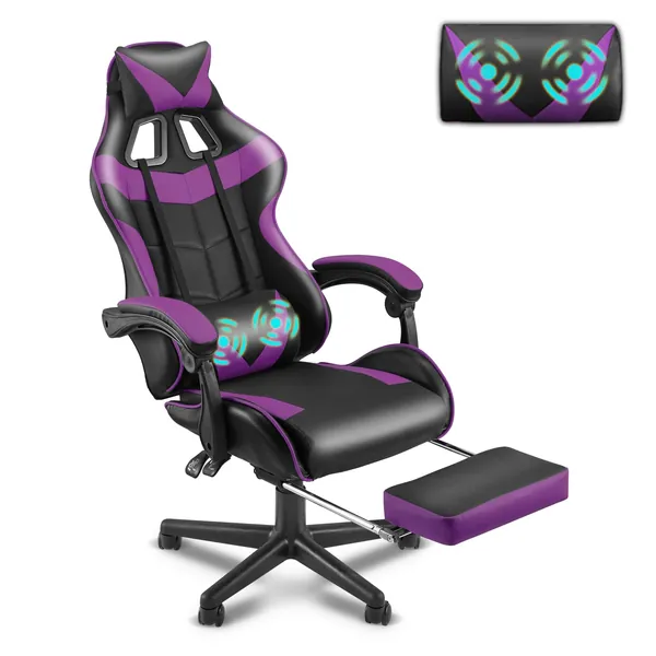 Soontrans Purple Gaming Chair with Footrest, Ergonomic Gamer Chair, Video Game Chairs with Adjustable Headrest, Removable Lumbar Support Office Chair, Game Chairs for Adults Teens(Purple)