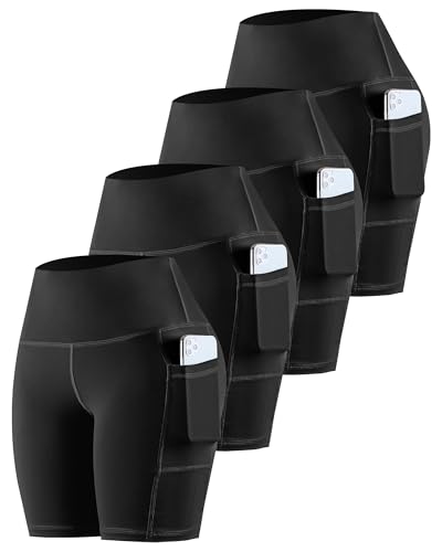 CHRLEISURE Spandex Yoga Biker Shorts with Pockets for Women, 3'' / 5'' / 8'' Workout Booty Shorts - 8 inch - XX-Large - 4 Packs - Black/Black/Black/Black