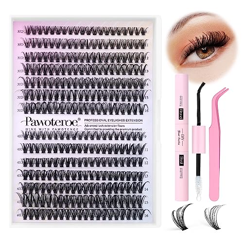 Pawotence Lash Extension Kit DIY 280pcs Lash Clusters Eyelash Extension Kit, 9-16mm Mix 30D 40D Curl Individual Lashes Kit with Lash Bond and Seal Lash Tweezers for Self Use(30D&40D-0.07D-9-16MIX KIT) - 30D&40D KIT