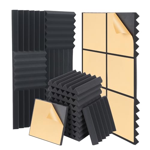 AUSLET Sound Proof Foam Panels with Self-Adhesive, 24 Pack 12" X 12" X 2" Wedge Acoustic Panels High Density Studio Foam Soundproof Wall Panels for Home Office - 12 x 12 x 2 Inches - Self Adhesive - 24pcs Wedge Panels