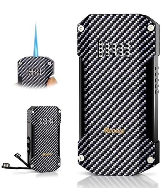 Torch Lighter with Jet Flame, 2 Built-in Punches, All-in-one Windproof Cool Lighter with Gift Box for Festival, Refillable Butane Unique Lighter for Candle, Camping, Outdoors