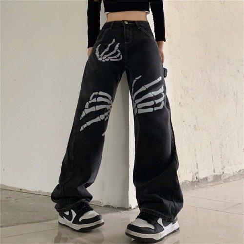 Skeleton Themed Baggy Jeans - black / M