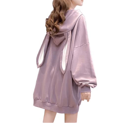 Women Kawaii Bunny Ear Hoodie Rabbit Aesthetic Cute Oversized Japanese Hooded Sweatshirt Long Sleeve Top Fall Winter - Purple - Medium