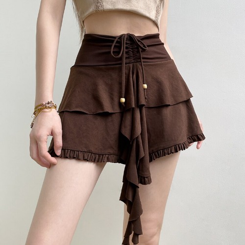 'Earthy' Brown Layered Tie Detail Goth Grunge Mini Skirt - Brown / S