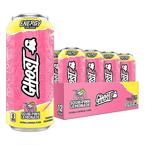 GHOST ENERGY Sugar-Free Energy Drink - 12-Pack, Sour Pink Lemonade, 16oz Cans - Energy & Focus & No Artificial Colors - 200mg of Natural Caffeine, L-Carnitine & Taurine - Gluten-Free & Vegan - Sour Pink Lemonade